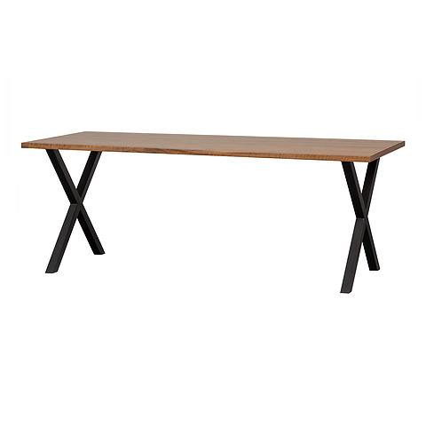 Valgomojo stalas Jimmy, riešutmedžio fanera, 200x90, X formos koja, metalas (juoda)