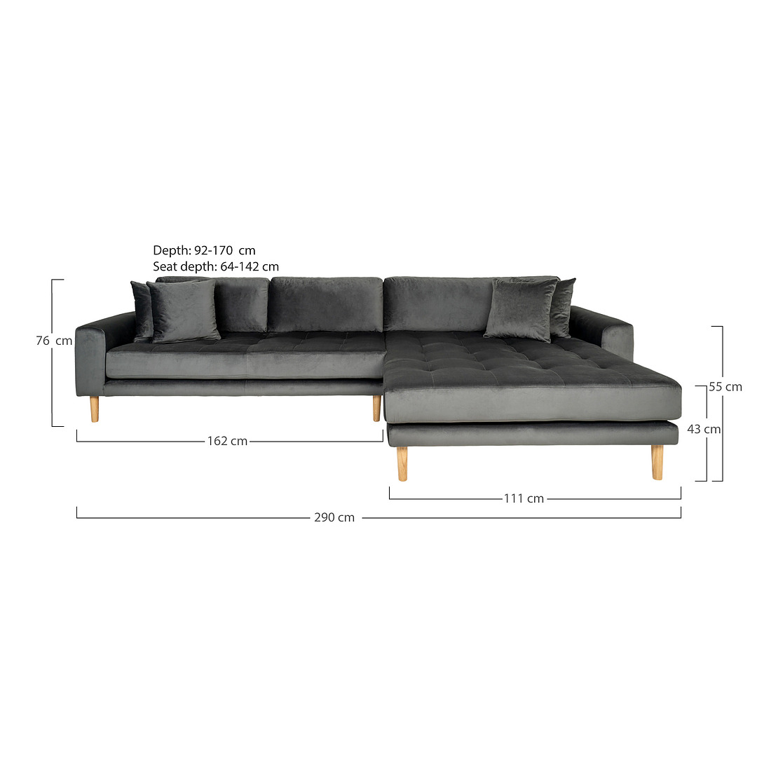 Dešininė sofa Lido su keturiomis pagalvėmis, velvetas (tamsiai pilka)