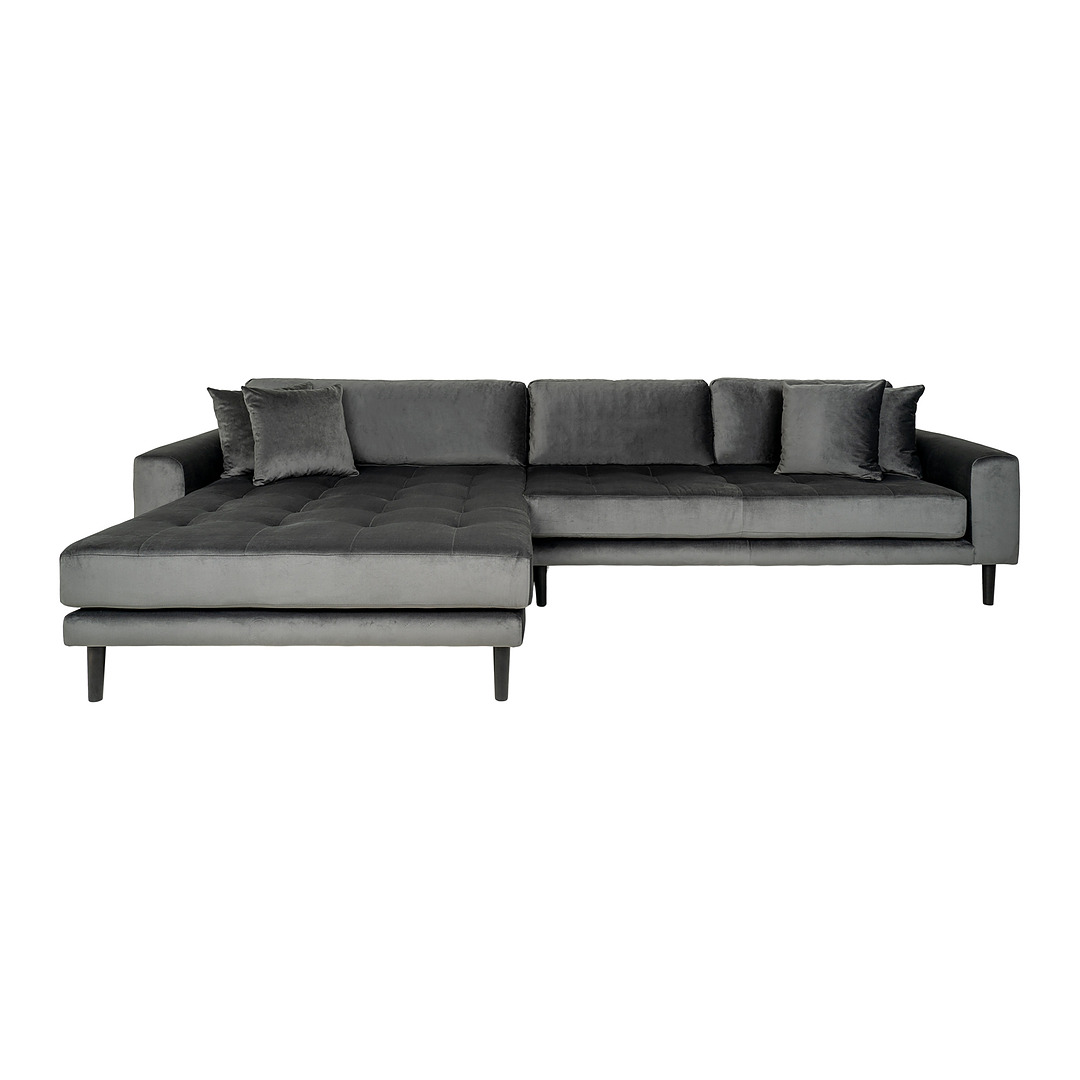 Kairinė sofa Lido su keturiomis pagalvėmis, velvetas (tamsiai pilka)