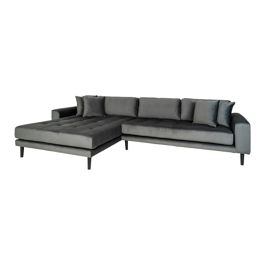 Kairinė sofa Lido su keturiomis pagalvėmis, velvetas (tamsiai pilka)