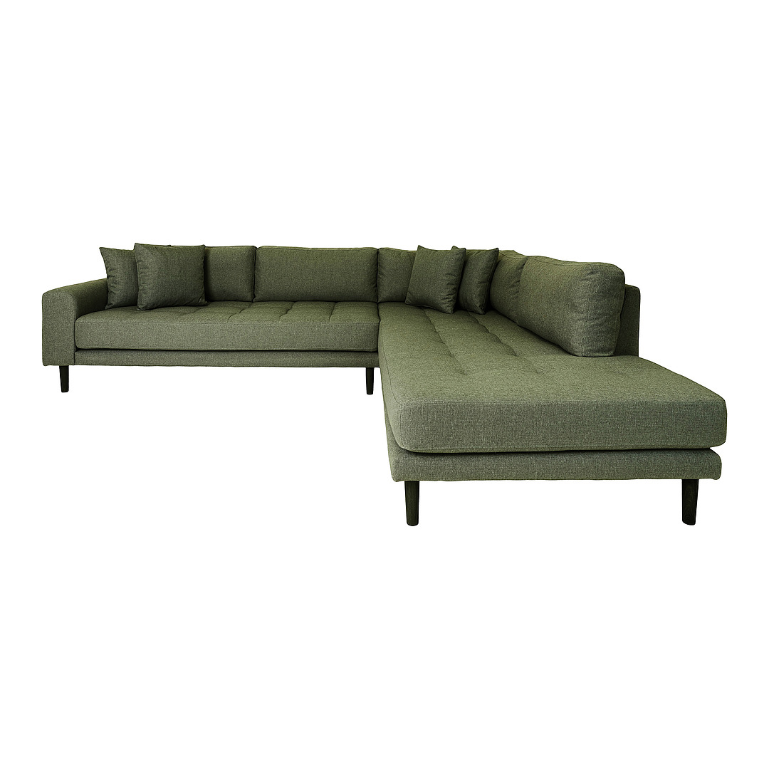Kampinė sofa, dešininė, keturios pagalvėlės (alyvuogių žalia)