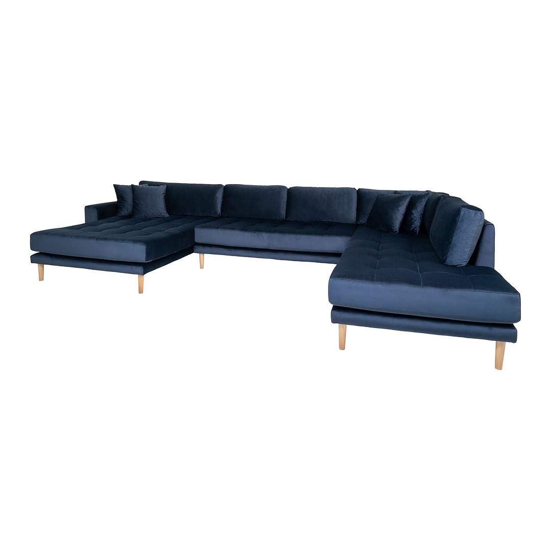 Kairinė U formos sofa Lido su atviru galu ir keturiomis pagalvėmis, velvetas (tamsiai mėlyna)