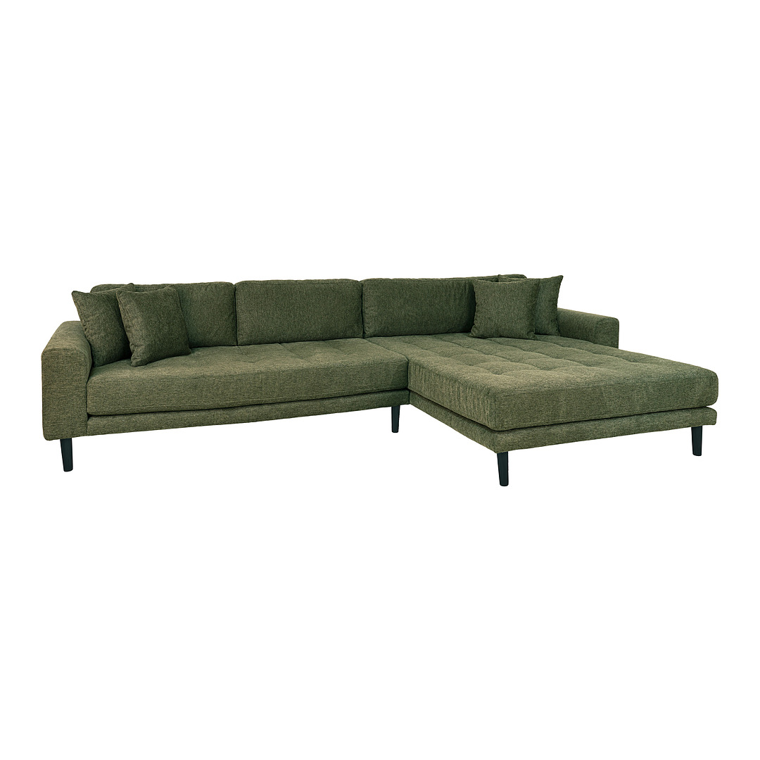 Kampinė sofa Lido, dešininė, audinys, keturios pagalvėlės (alyvuogių žalia)