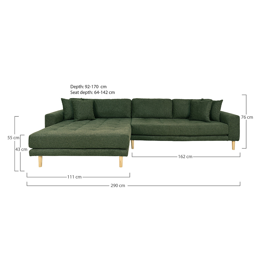 Kampinė sofa Lido, kairinė, audinys, keturios pagalvėlės (alyvuogių žalia)