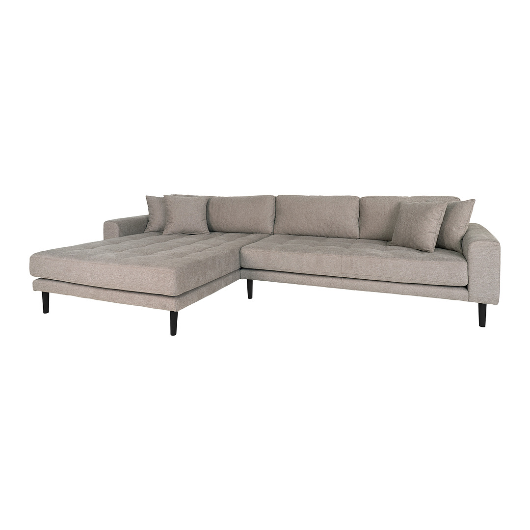 Kampinė sofa Lido, kairinė, audinys, keturios pagalvėlės (rusvai pilkšva)