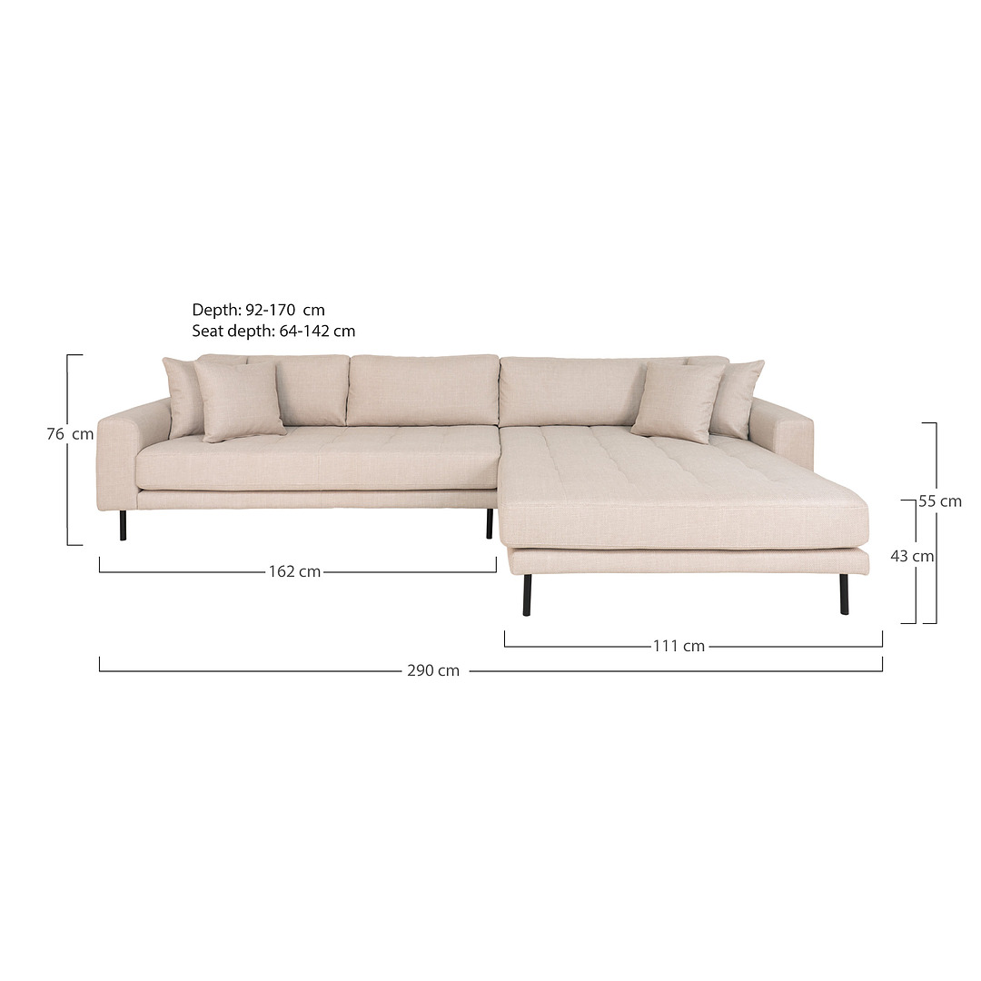 Kampinė sofa Lido, dešininė, audinys, keturios pagalvėlės (smėlinė)