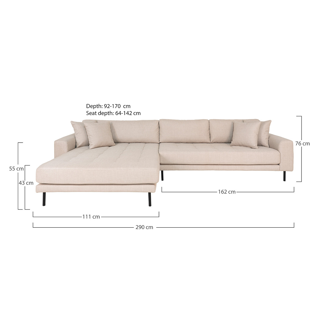 Kampinė sofa Lido, kairinė, audinys, keturios pagalvėlės (smėlinė)