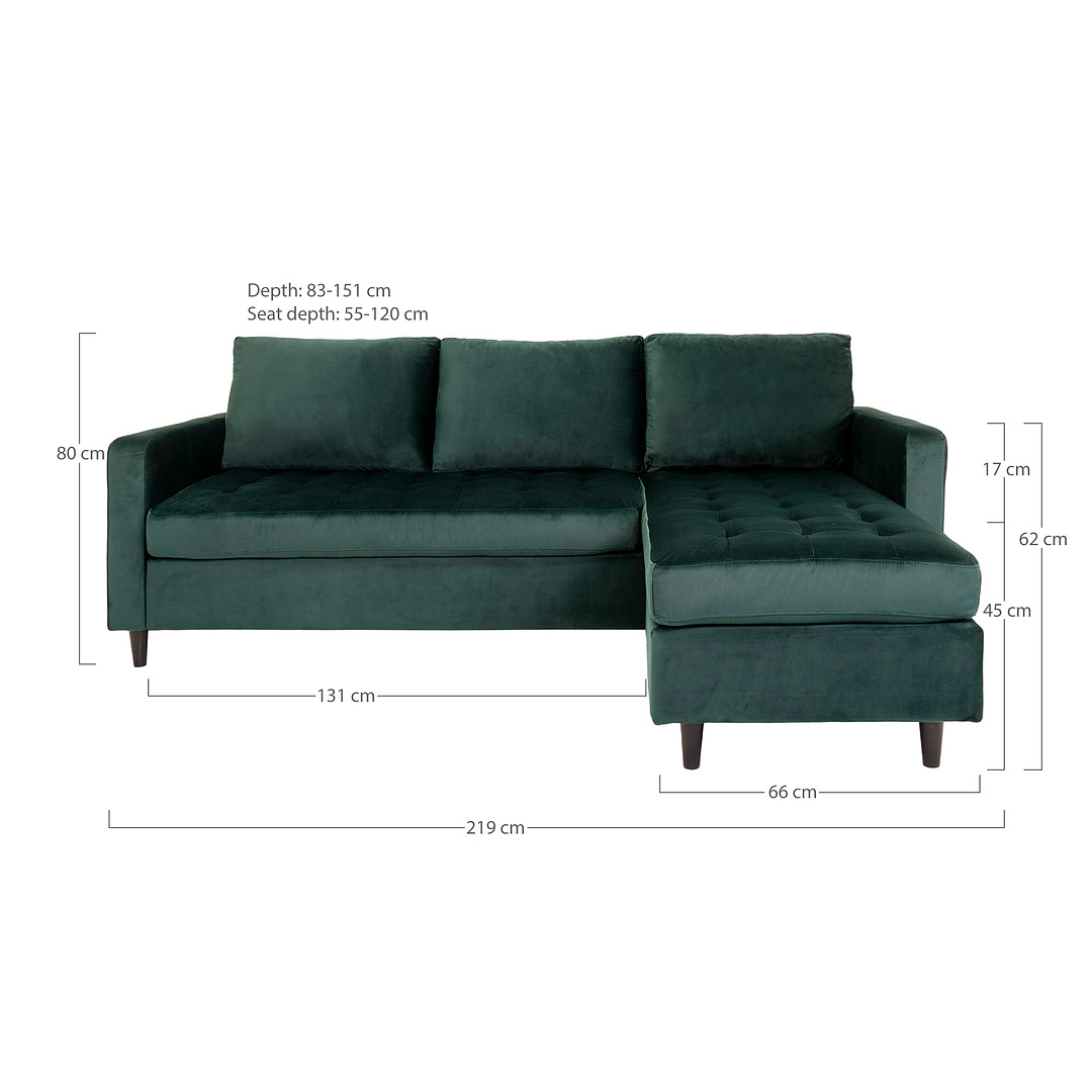 Kampinė sofa Firenze, velvetas (tamsiai žalia / juodos kojos)