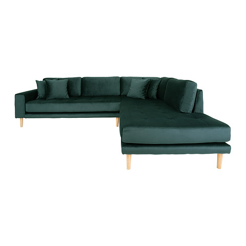 Kampinė sofa Lido, dešininė, su atviru galu, keturios pagalvėlės, medinės kojelės, veliūras (žalia)