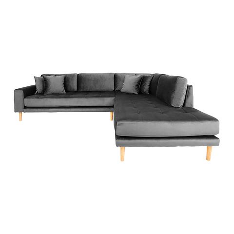 Kampinė sofa Lido, dešininė, su atviru galu, keturios pagalvėlės, medinės kojelės, velvetas (tamsiai pilka)