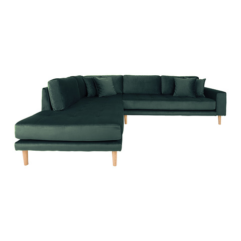 Kampinė sofa Lido, kairinė, su atviru galu, keturios pagalvėlės, medinės kojelės, velvetas (žalia)
