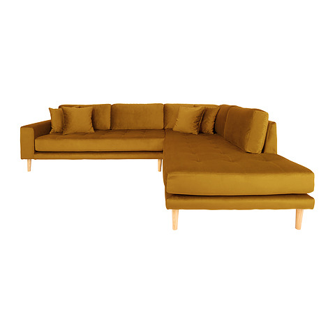 Kampinė sofa Lido, dešininė, su atviru galu, keturios pagalvėlės, medinės kojelės, velvetas (garstyčių geltona)
