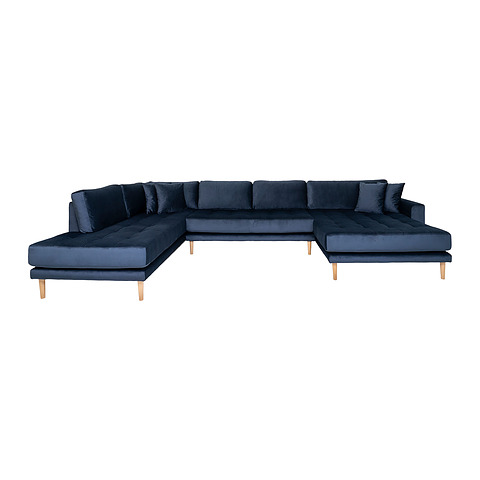 Dešininė U formos sofa Lido su atviru galu ir keturiomis pagalvėmis, velvetas (tamsiai mėlyna)