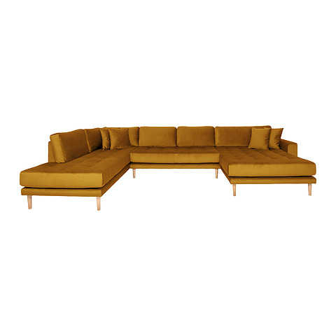 Dešininė U formos sofa Lido, su atviru galu, keturios pagalvėlės, medinės kojelės, velvetas (garstyčių geltona)