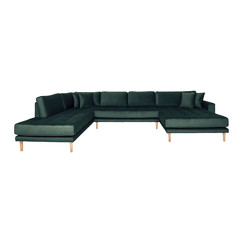 Dešininė U formos sofa Lido, su atviru galu, keturios pagalvėlės, medinės kojelės, velvetas (tamsiai žalia)