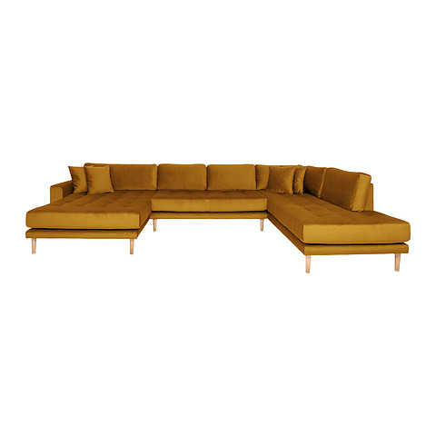 Kairinė U formos sofa Lido, su atviru galu, keturios pagalvėlės, medinės kojelės, velvetas (garstyčių geltona)