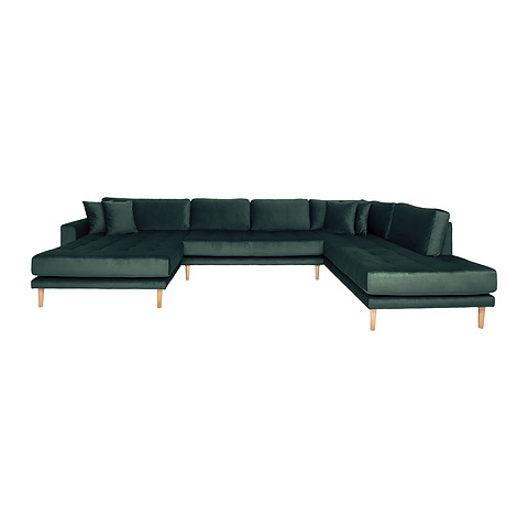 Kairinė U formos sofa Lido, su atviru galu, keturios pagalvėlės, medinės kojelės, veliūras (tamsiai žalia)