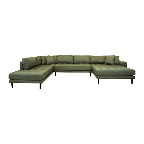 Dešininė U formos sofa, atviru galu, keturios pagalvėlės (alyvuogių žalia)