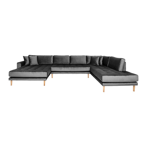Kairinė U formos sofa Lido, su atviru galu, keturios pagalvėlės, medinės kojelės, veliūras (tamsiai pilka)