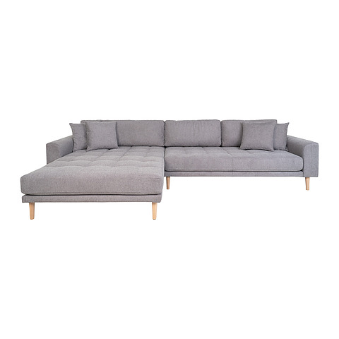 Kampinė sofa Lido, kairinė, keturios pagalvėlės, medinės kojelės (šviesiai pilka)