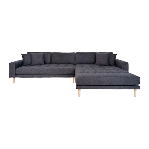 Kampinė sofa Lido, dešininė, keturios pagalvėlės, medinės kojelės (tamsiai pilka)