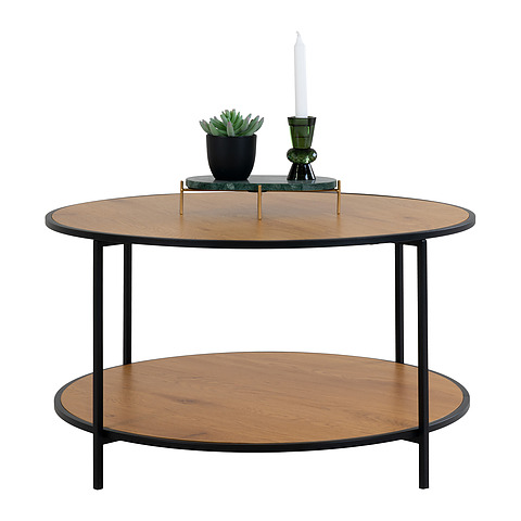 Kavos staliukas, apvalus, juodas rėmas, ąžuolo imitacijos stalviršis, 45x80 cm skersm. (natūrali)