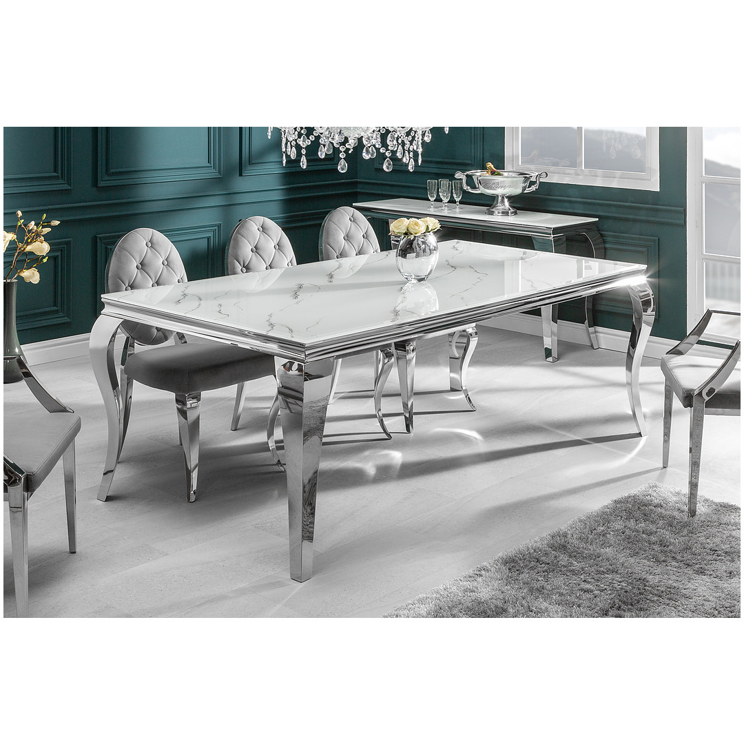 Valgomojo stalas Modern Barock 200 cm, sidabro spalvos, stiklas
