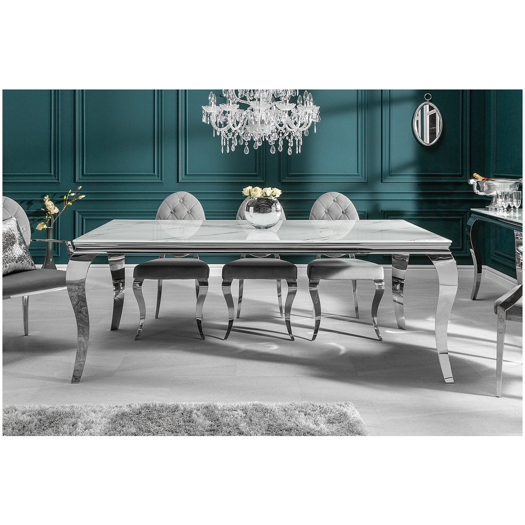 Valgomojo stalas Modern Barock 200 cm, sidabro spalvos, stiklas