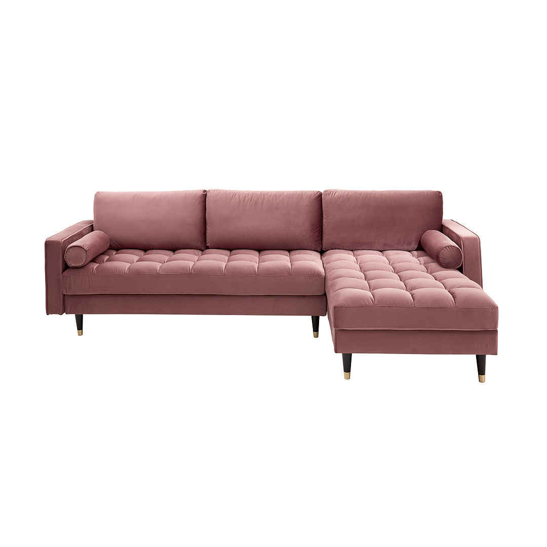 Kampinė sofa Cozy Velvet II, 260 cm, sendintos rožinės spalvos, veliūras, dešininis