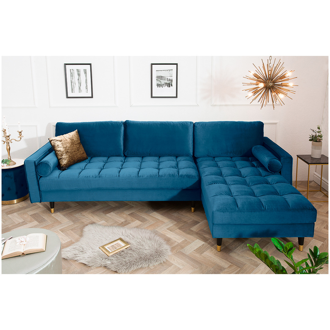 Kampinė sofa Cozy Velvet II, 260 cm, tamsiai mėlynos spalvos, veliūras, dešininis