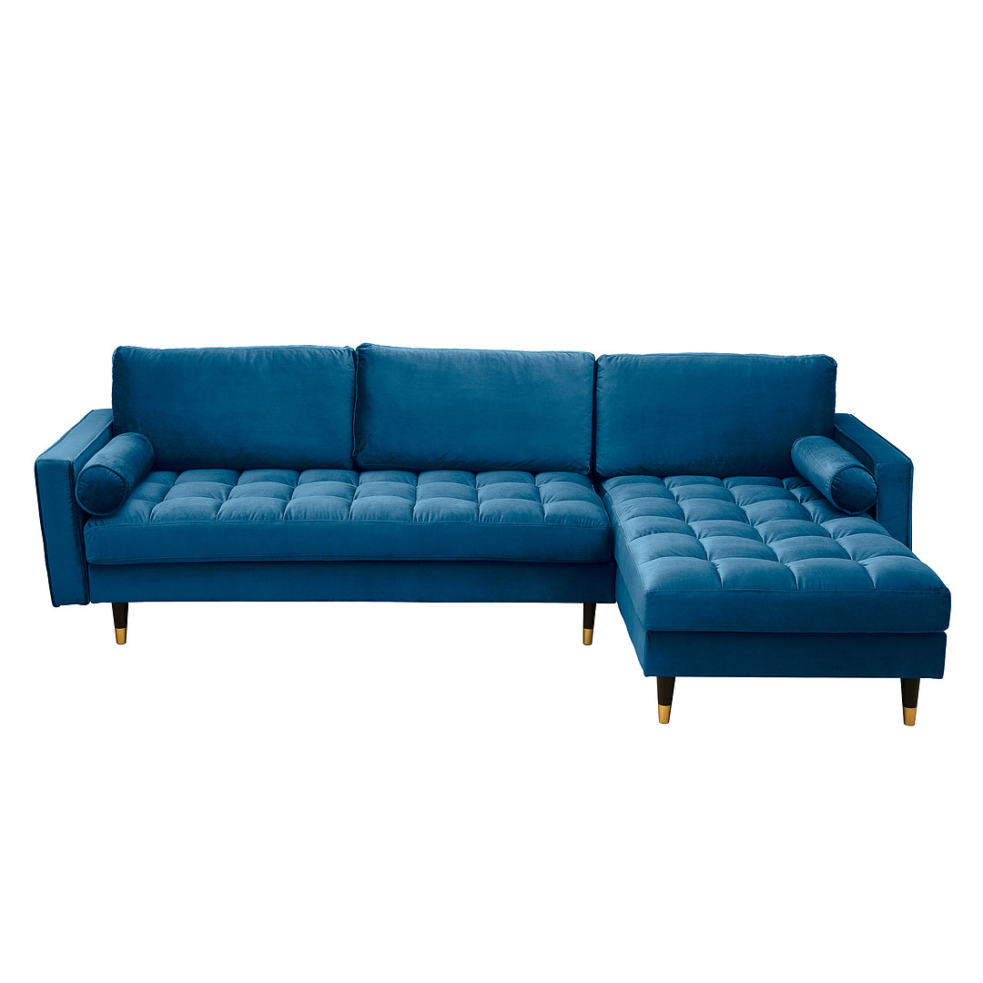 Kampinė sofa Cozy Velvet II, 260 cm, tamsiai mėlynos spalvos, veliūras, dešininis
