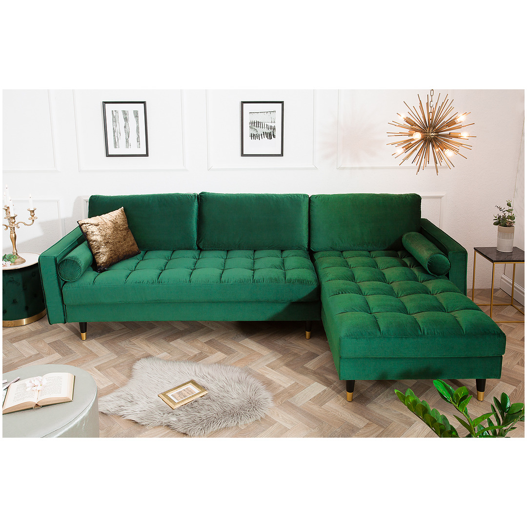 Kampinė sofa Cozy Velvet II, 260 cm, smaragdo žalios spalvos, veliūras, dešininis