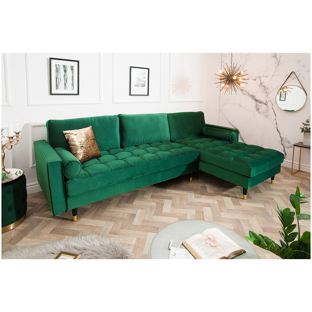 Kampinė sofa Cozy Velvet II, 260 cm, smaragdo žalios spalvos, veliūras, dešininis