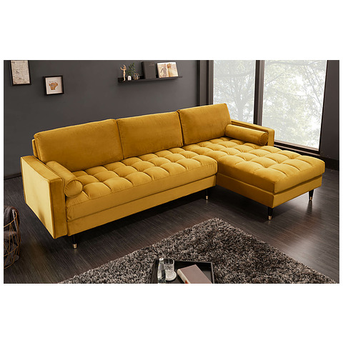 Kampinė sofa Cozy Velvet II, 260 cm, garstyčių geltonos spalvos, veliūras, dešininis