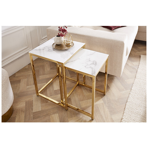 2-jų kavos staliukų komplektas Elegance, 40 cm, marmuro imitacija, aukso