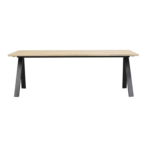 Valgomojo stalas Carradale, 220 cm skersm., V formos koja, ąžuolo mediena (balkšva / juoda)